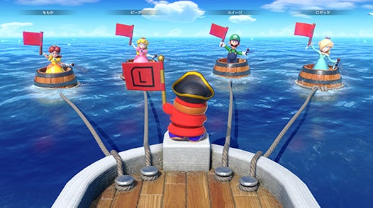 マリオパーティ スーパースターズで4人が旗上げのミニゲームを遊ぶ画面