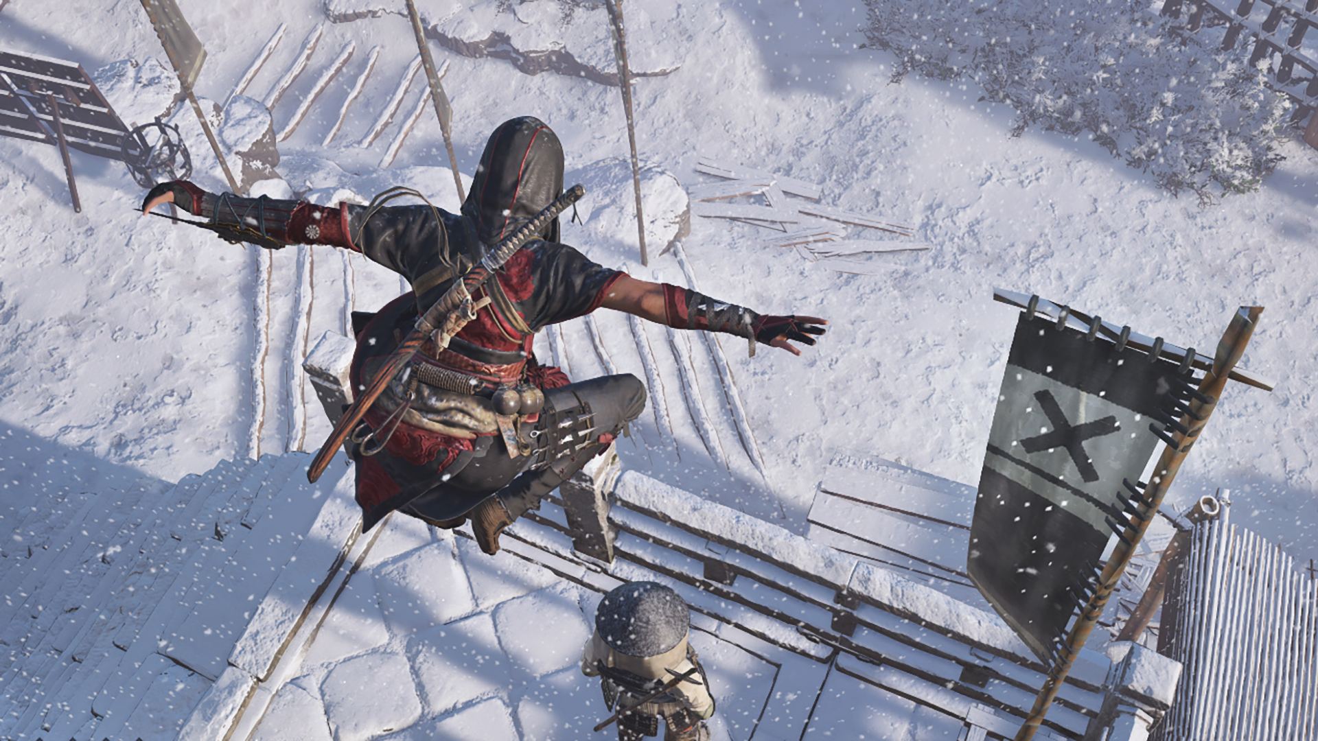 雪景色の中で屋根を移動するアサシン クリード シャドウズの場面