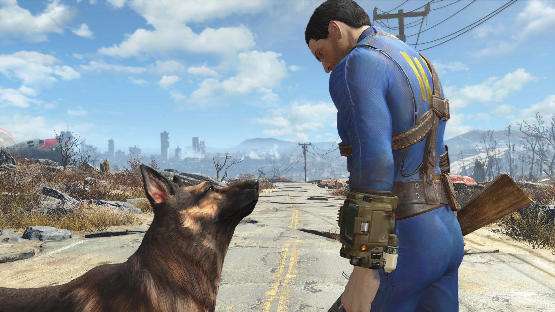 犬を連れて荒廃した世界を歩くFallout 4の場面